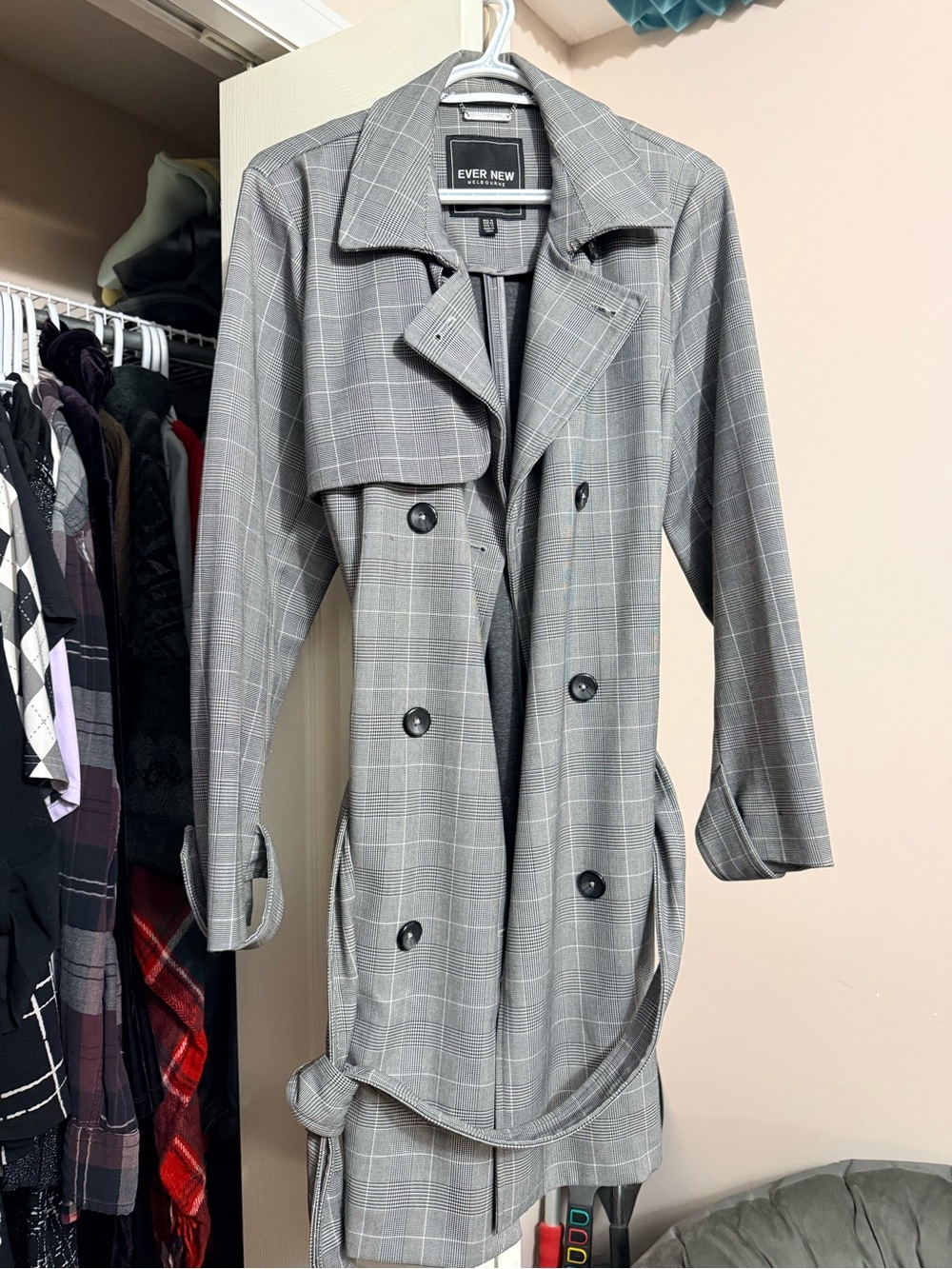 Ever New Gray Plaid Double-Breasted Trench Coat